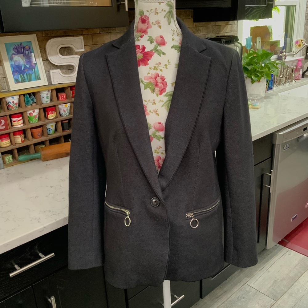 Ann Taylor Petite 12P Blazer Black Cotton Blend Knit Soft One Button Career